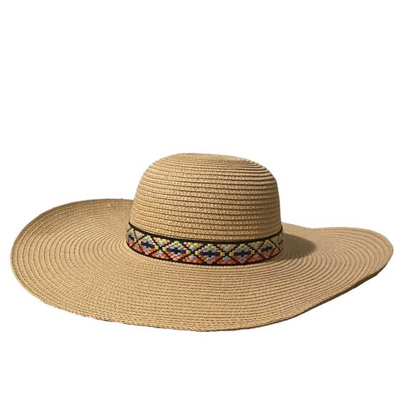 Straw Beach Cover Hat Wicker Beige Multicolored Embroidered Ribbon Summer Spring - Picture 10 of 10
